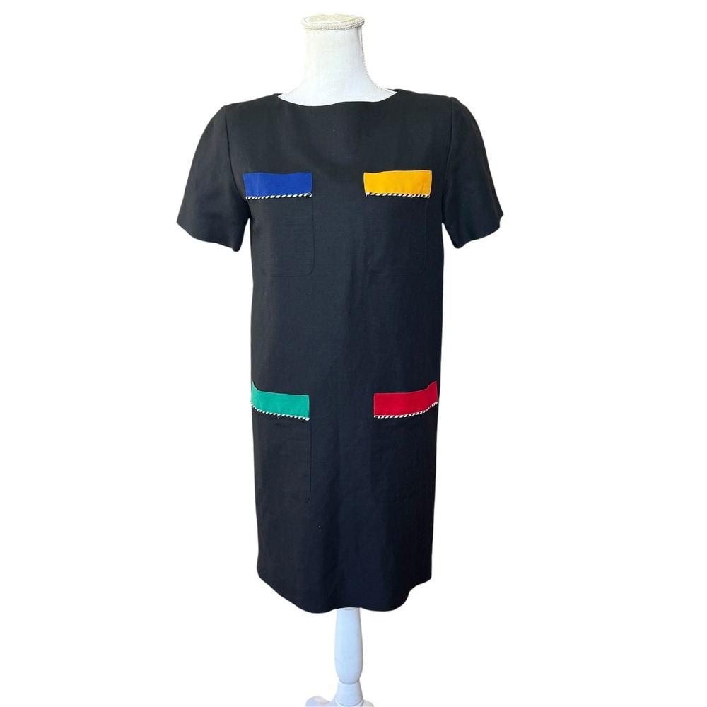 Gillian Petites Vintage Black Linen Blend Colorblock Pocket Shift Dress Size 2P